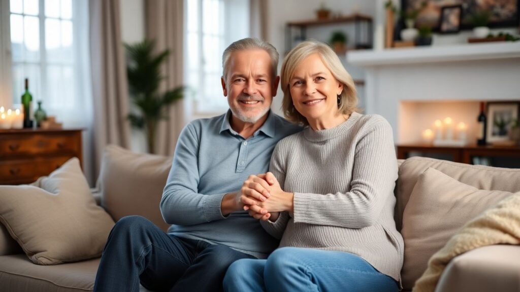 Happy middle-aged couple sitting together on sofa