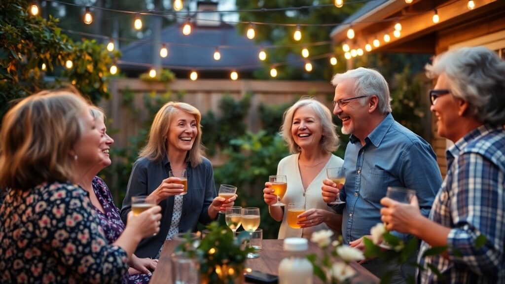 Happy middle-aged couples at lively backyard evening gathering