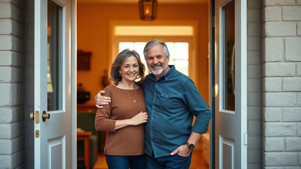 Happy midlife couple standing in open doorway, inviting light