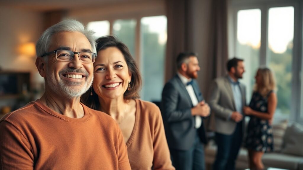 Happy midlife couples enjoying an evening together inside.