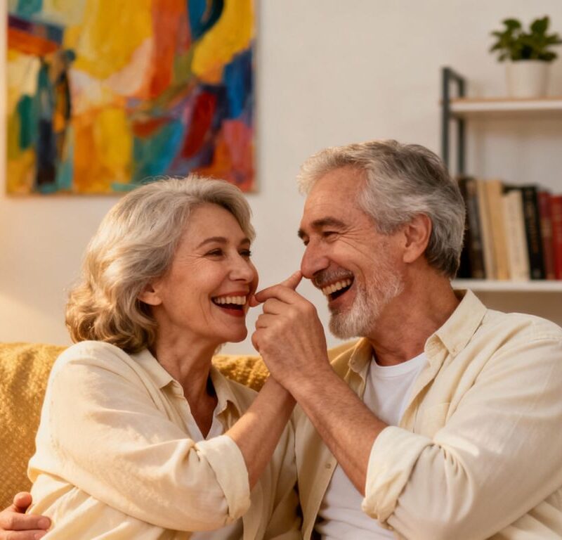 Happy older couple smiling together at home