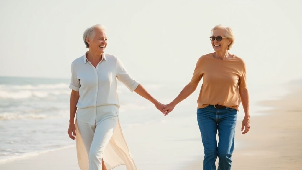 Happy older couple walking on a beach together