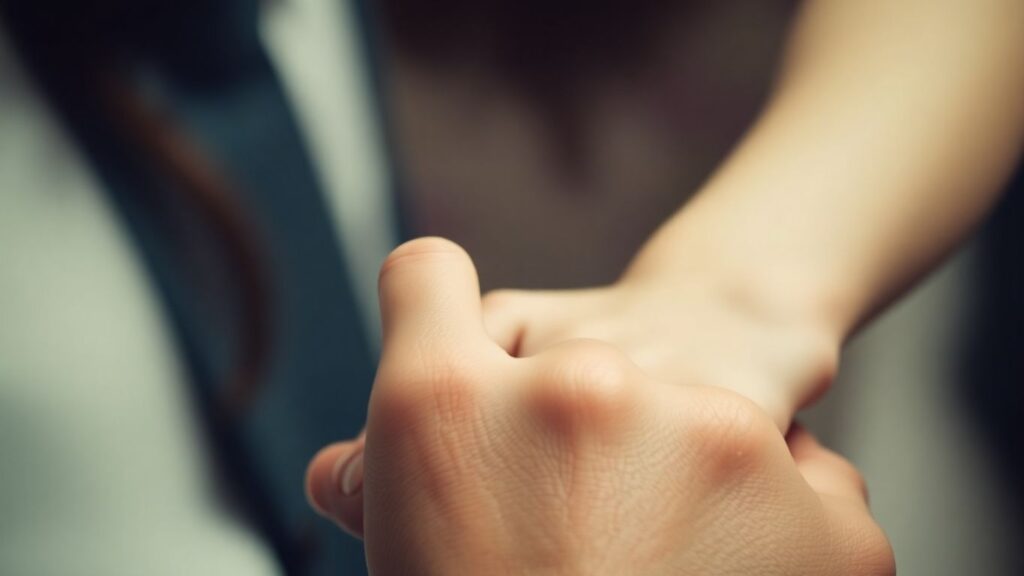 Intimate hand gesture suggesting a secret connection.