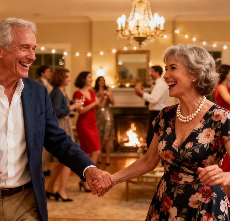 Joyful older couple at lively house party