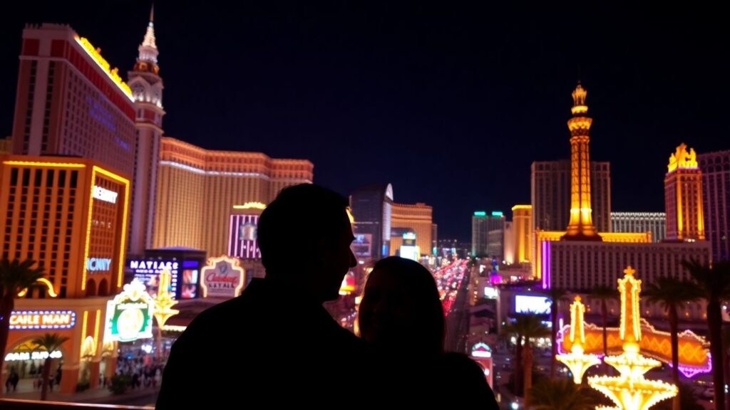 Las Vegas cityscape at night with couple enjoying lights
