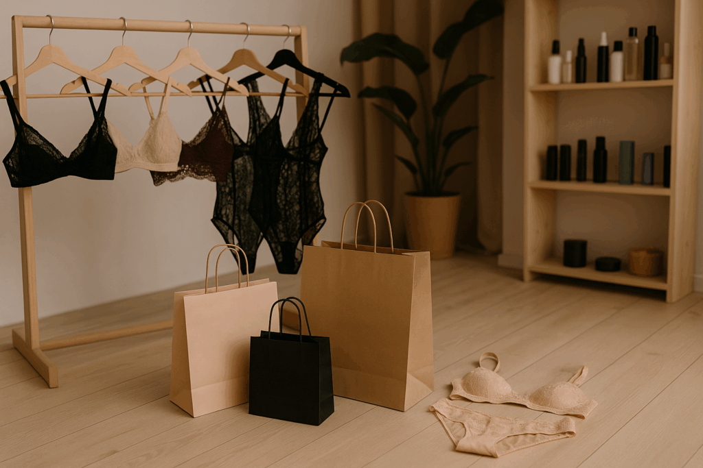 Lingerie boutique display with lace bodysuits on a rack and shopping bags on the floor.