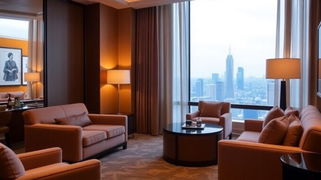 Luxurious hotel suite with city skyline view
