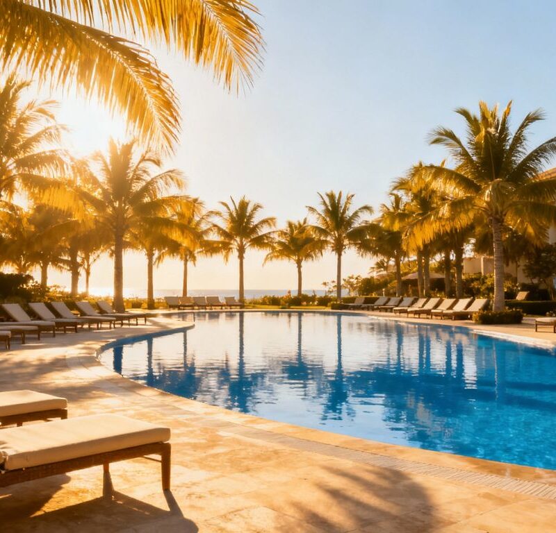 Luxurious poolside resort with palm trees and clear blue water.