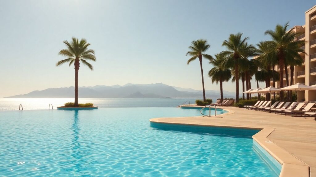 Luxurious resort pool with palm trees and mountains.