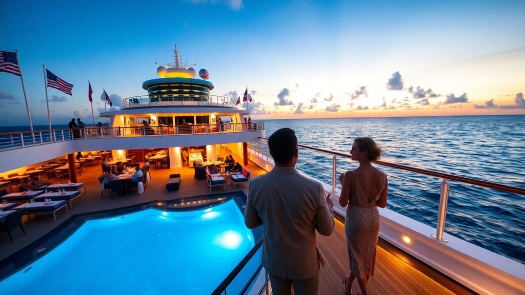 Luxury cruise with couples enjoying poolside Caribbean views