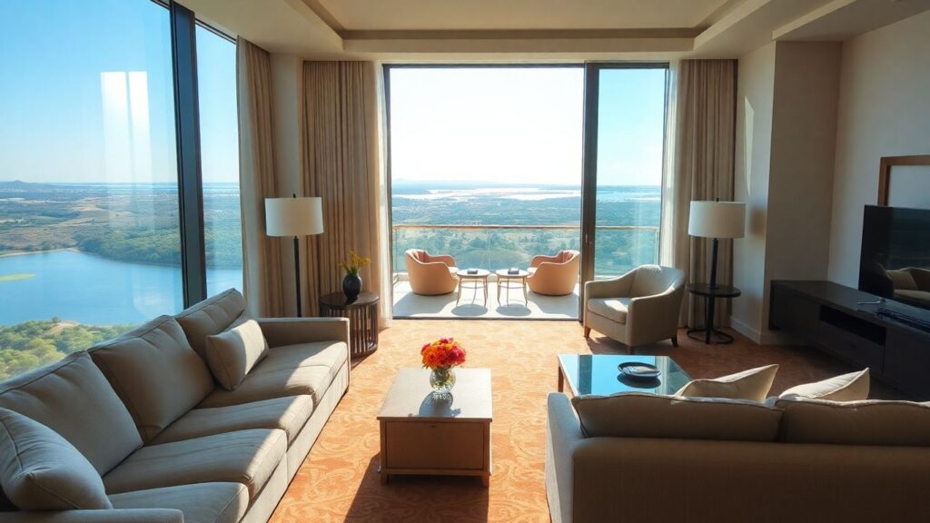 Luxury hotel suite with balcony and scenic view.