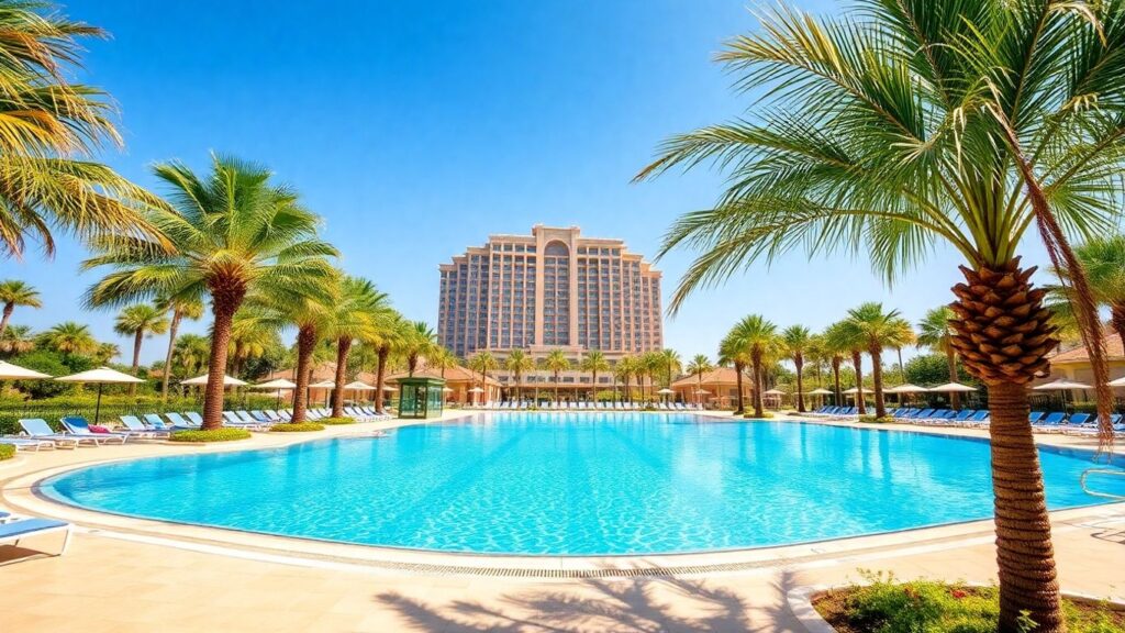 Luxury resort pool with palm trees and hotel.