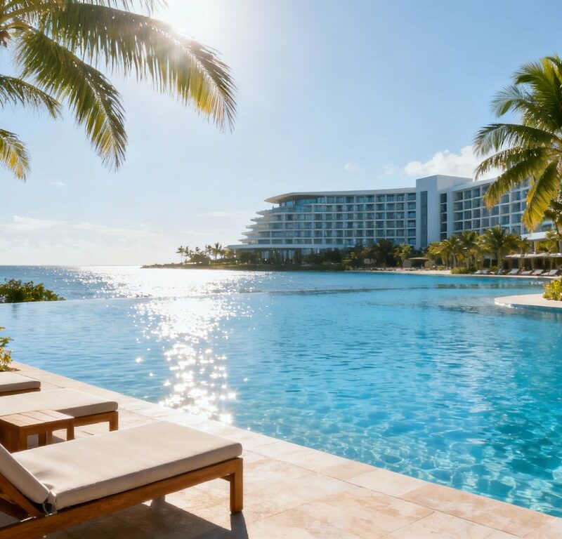 Luxury resort pool with palm trees and lounge chairs.