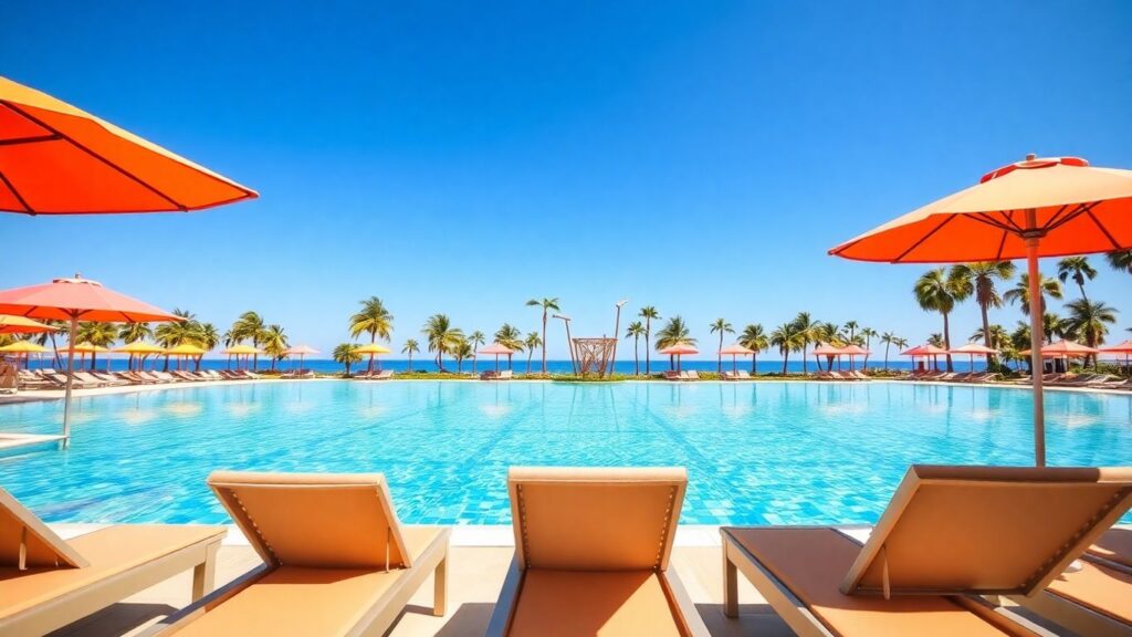 Luxury resort pool with palm trees and loungers.