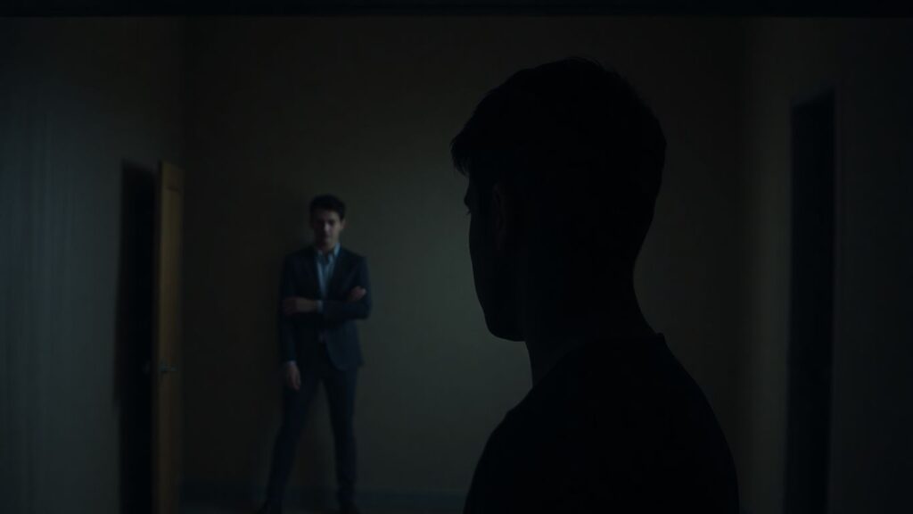 Man in shadow, dominant figure in background, psychological tension.