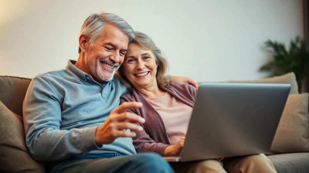 Mature couple browsing online together on cozy sofa.