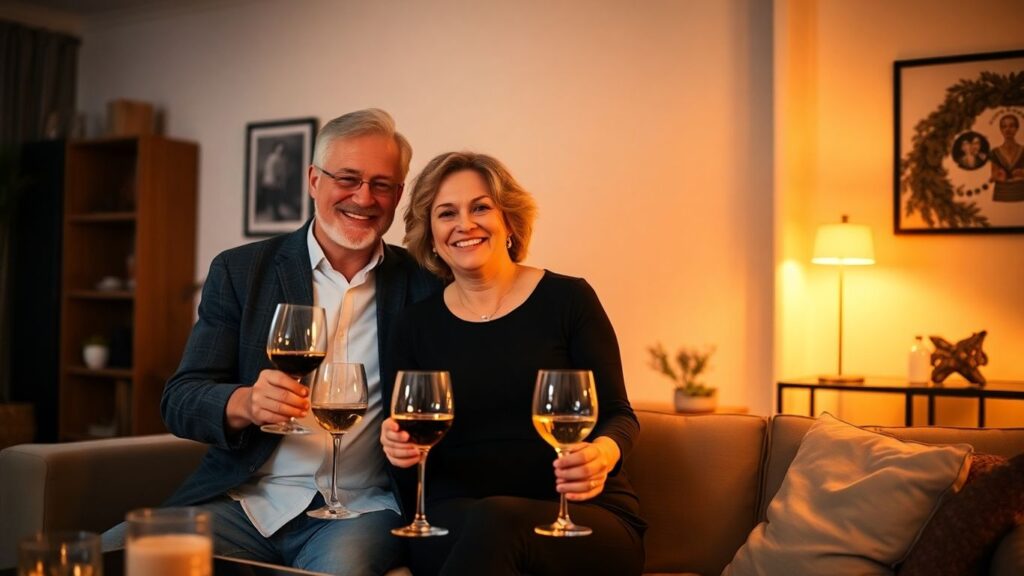 Mature couple sharing intimate moment in cozy living room.