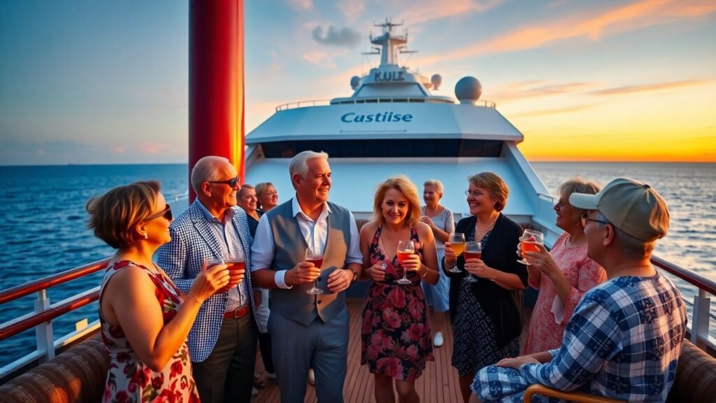 Mature couples enjoying cocktails on cruise ship deck sunset