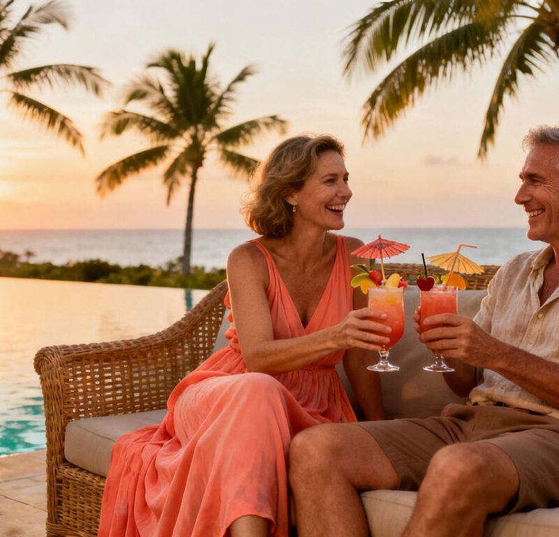 Mature couples relaxing at tropical resort at sunset