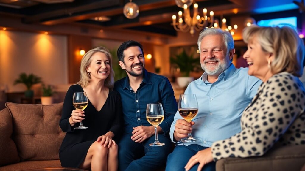 Mature couples socialize in a cozy, upscale lounge space.