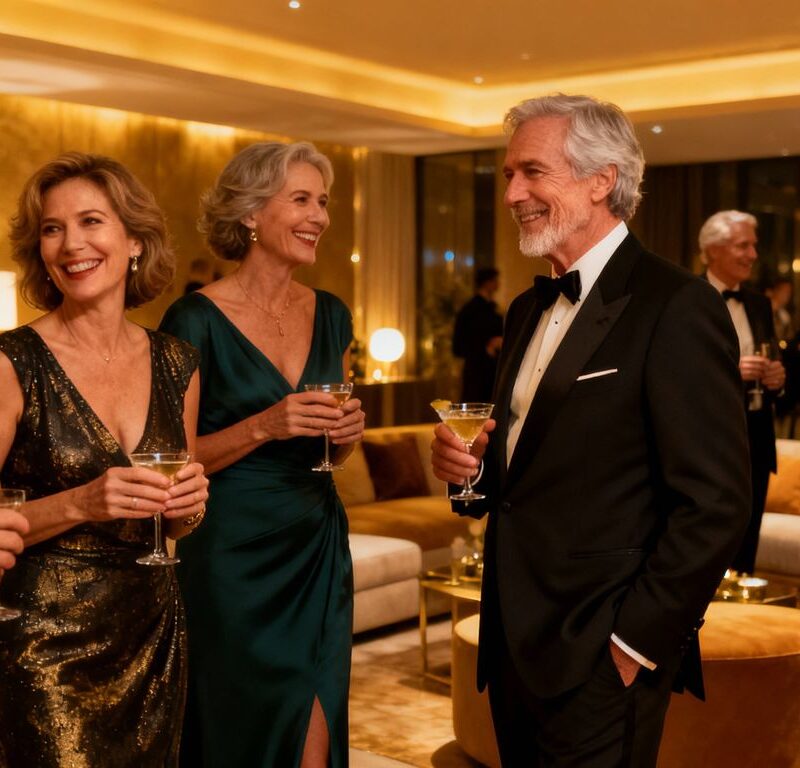 Mature couples socializing at an elegant cocktail event