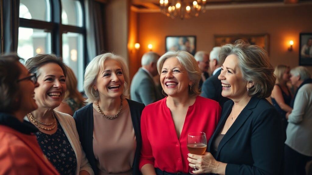 Mature women socializing confidently at an indoor gathering