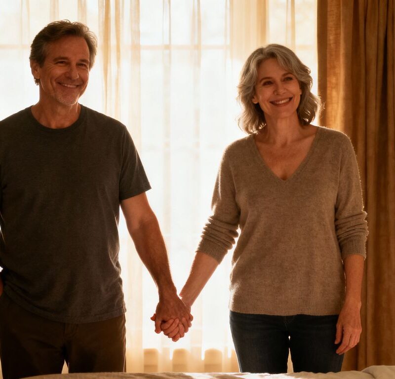 Middle-aged couple holding hands in cozy bedroom