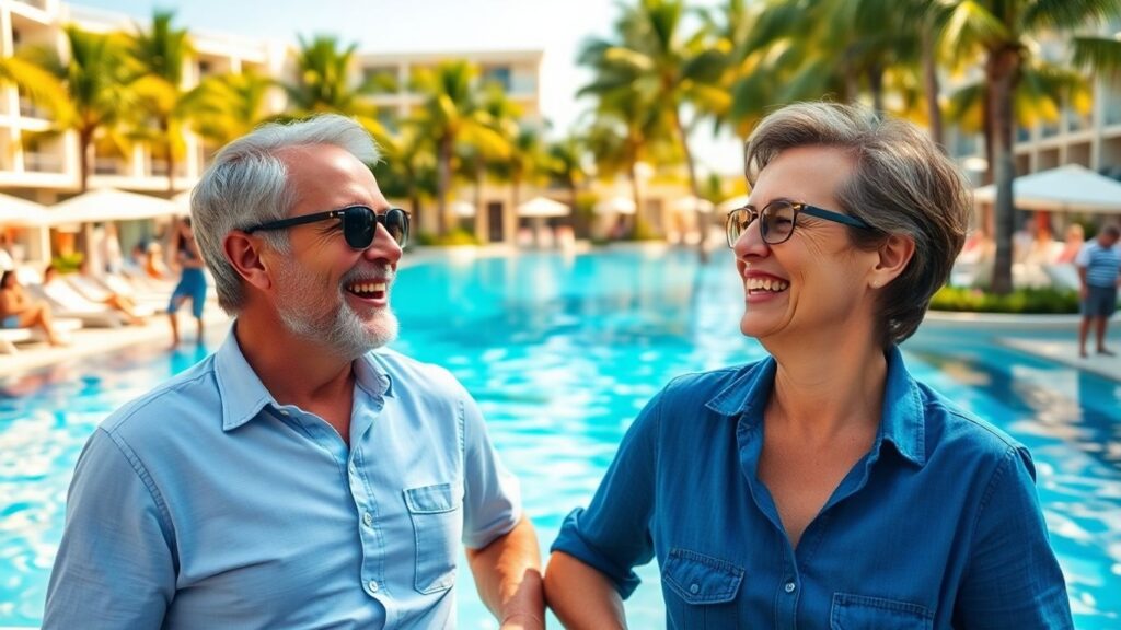 Middle-aged couple laughing at a tropical resort pool.