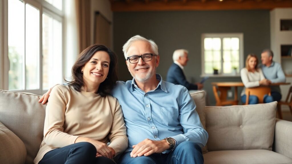 Middle-aged couples chatting happily in cozy living room.
