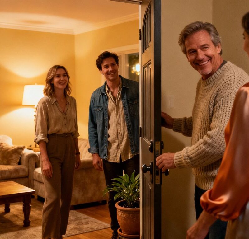 Middle-aged couples greeting each other in a warm home