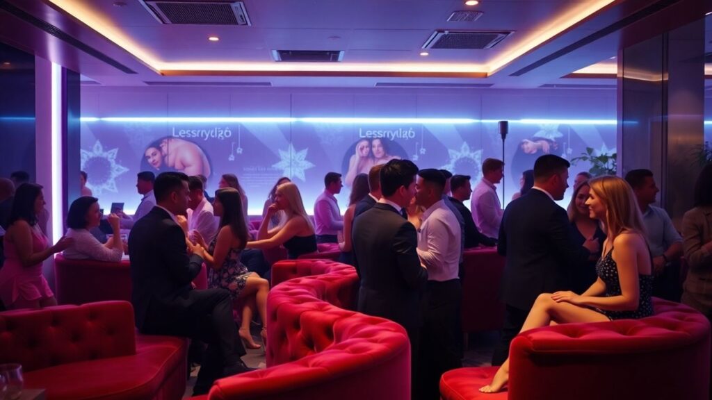 Modern swinger club lounge with diverse adults mingling