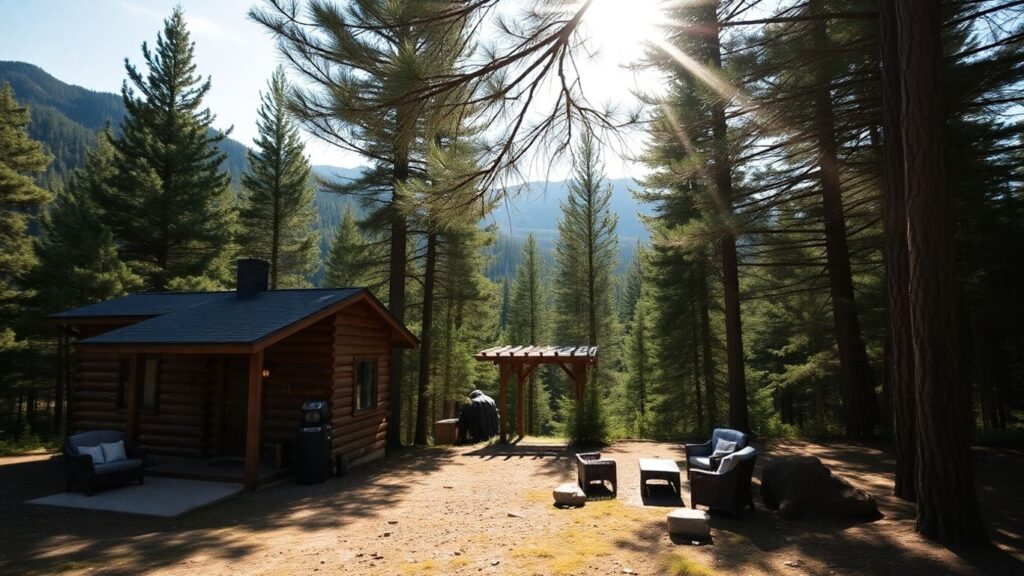 Nude mountain resort with cabin and scenic views.