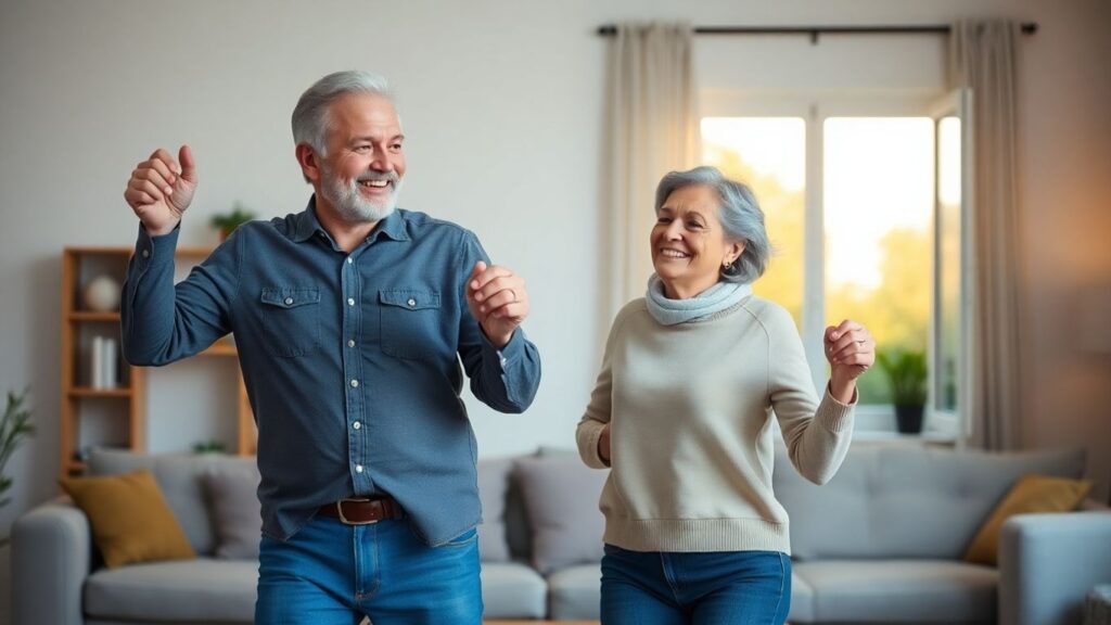 Older couple dancing happily in a cozy living room.