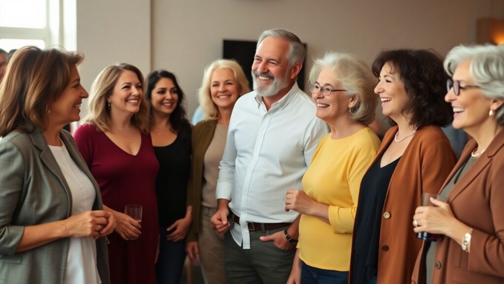 Over-50 adults socializing happily in a comfortable setting.