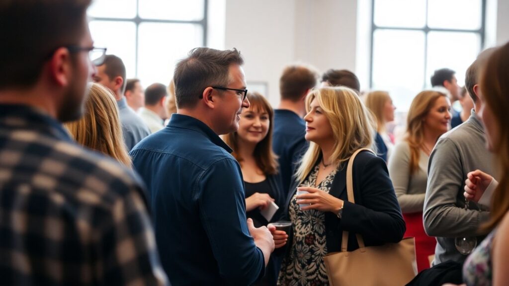 People mingling and conversing at a social gathering.