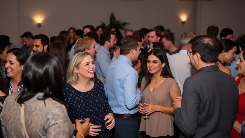 People socializing and interacting at a party.