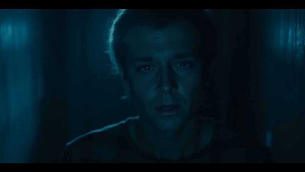 Person experiencing complex emotions in a dimly lit, introspective setting.