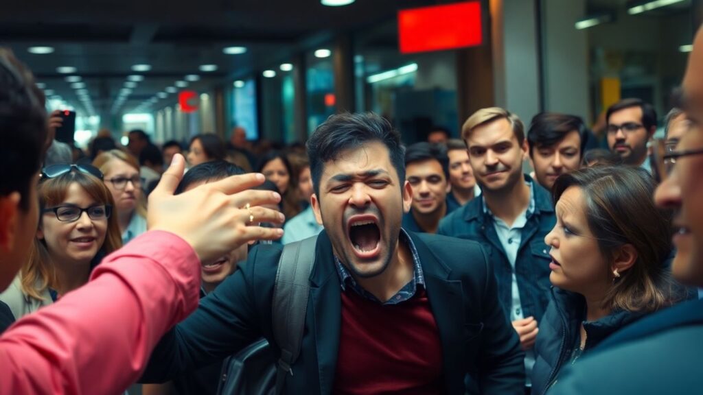 Person experiencing public humiliation in a crowd.