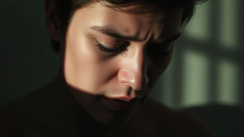 Person experiencing vulnerability and self-awareness in a dramatic setting.