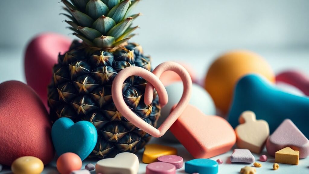 Pineapple, infinity hearts, and abstract shapes.