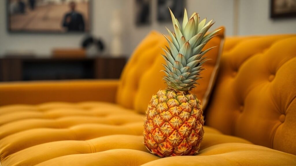 Pineapple on a velvet couch in a stylish room.