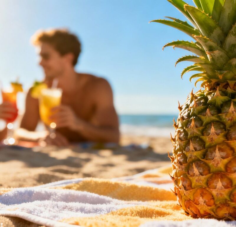 Pineapple on beach towel with couple in background.