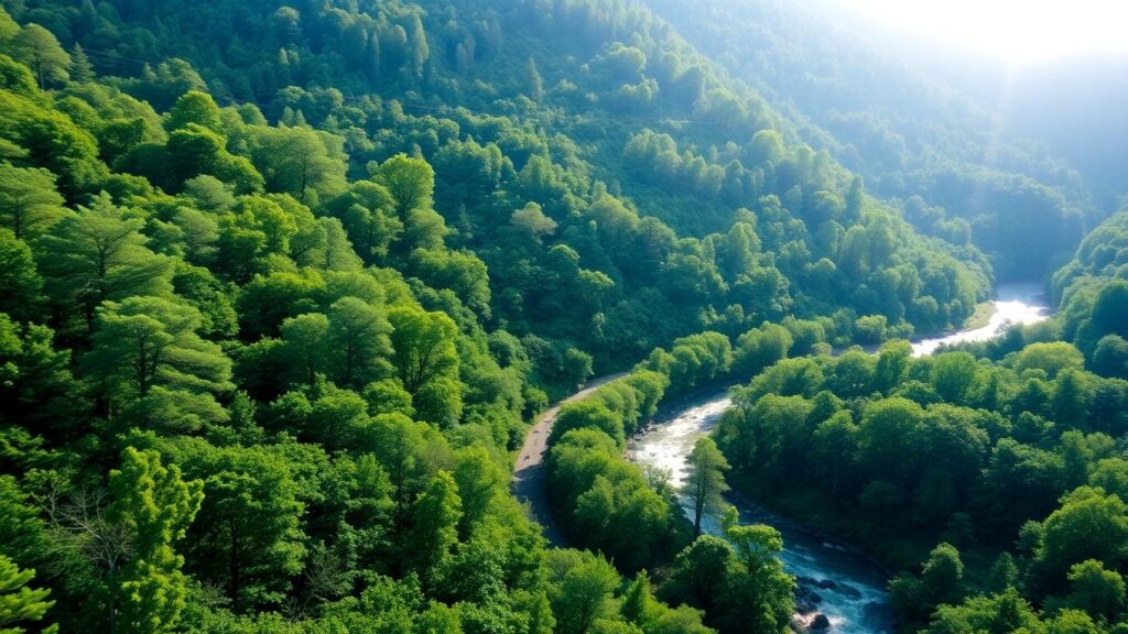 Scenic forest and river landscape in Arkansas.