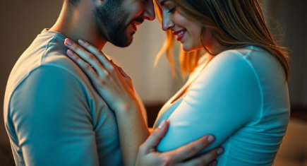 Couple exploring each other's bodies intimately.