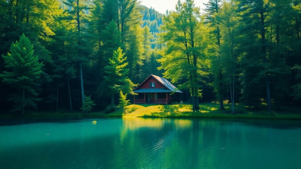 Secluded cabin by a lake in a forest.