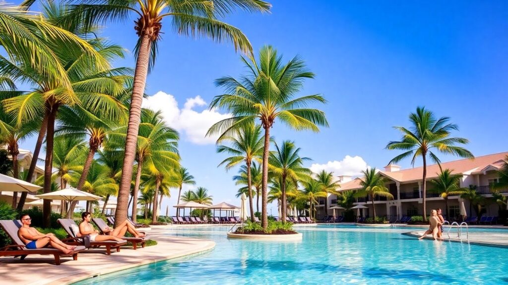 Secrets Hideaway Resort & Spa poolside with palm trees and relaxing couples.