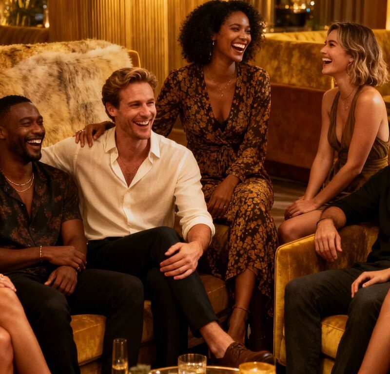 Smiling adults chatting and connecting in intimate lounge