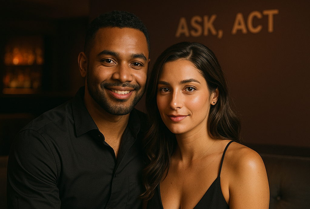 Couple in evening wear, close and smiling, with blurred club lights behind