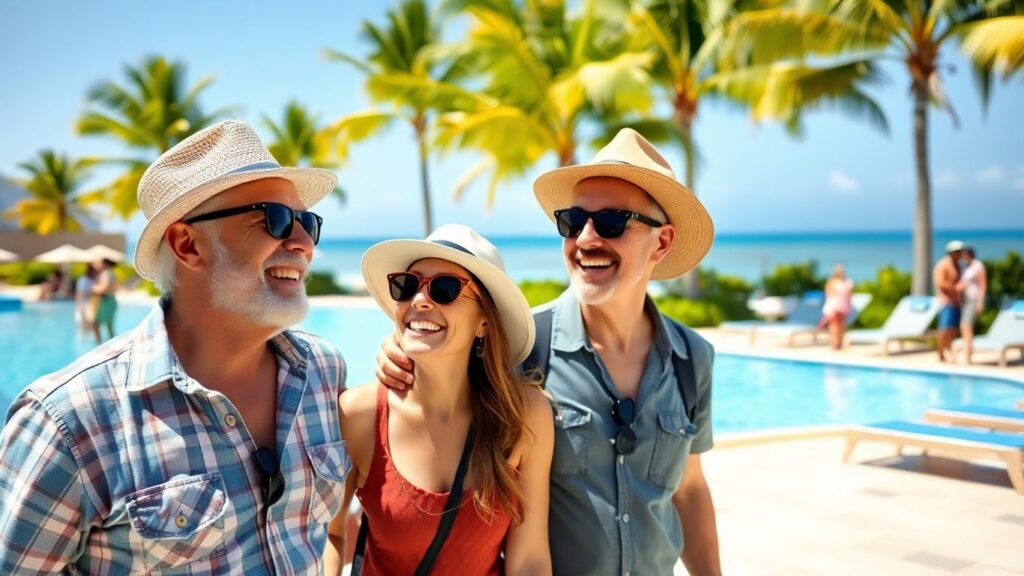 Smiling mature couple at tropical resort pool
