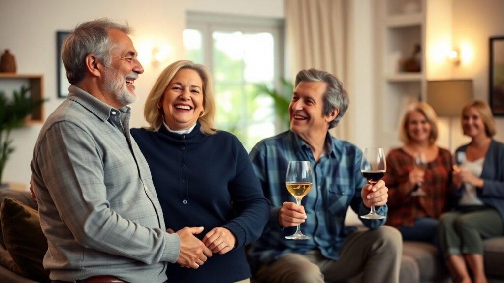 Smiling mature couples together in a cozy living room.